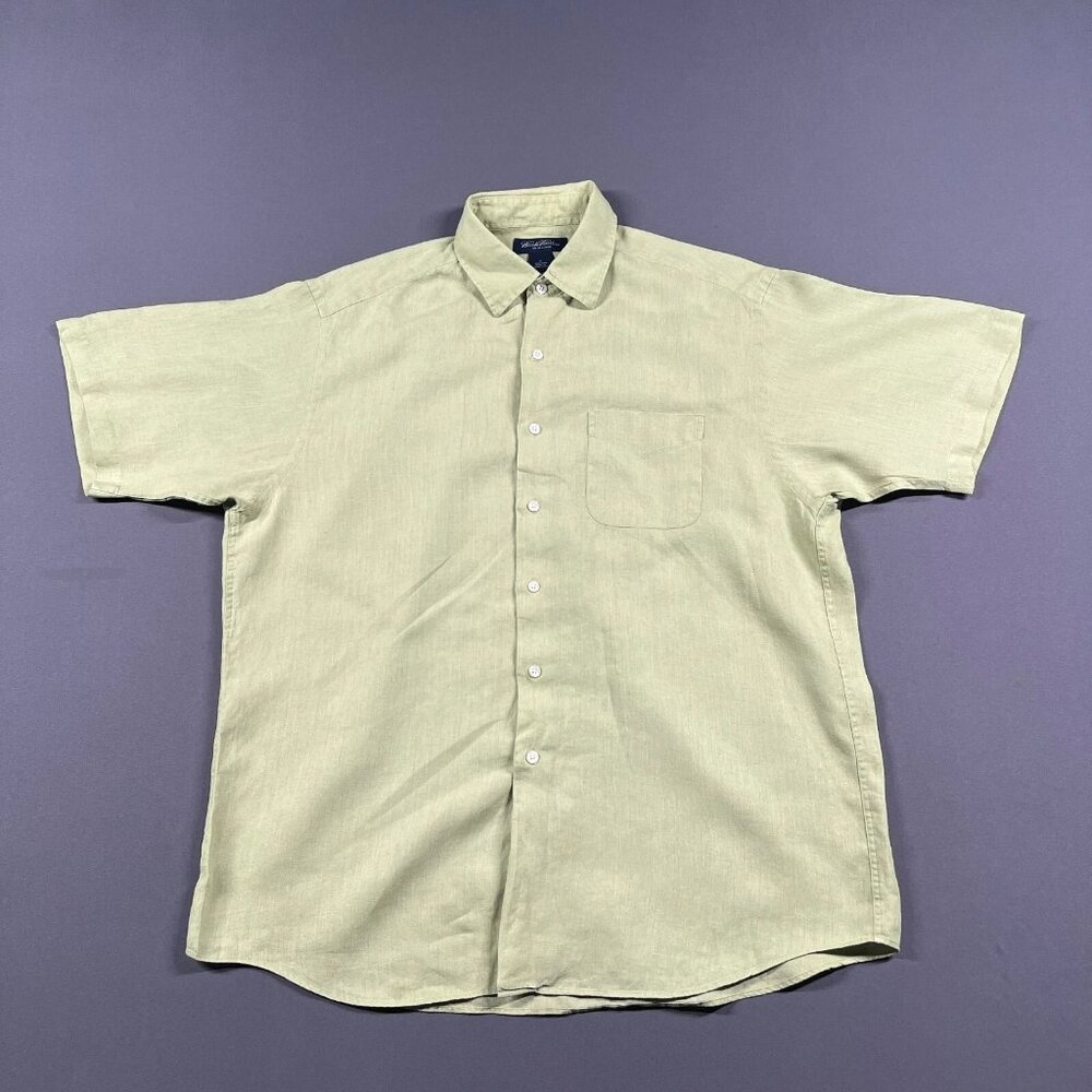 Brooks Brothers Shirt Mens Large Green Button Down Irish Linen Classic Hawaiian
